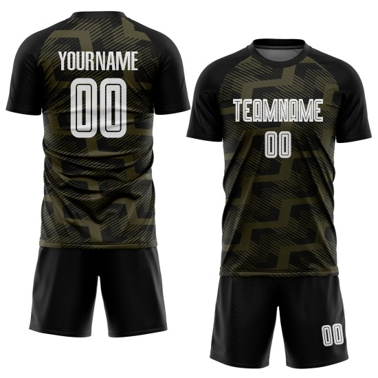 Custom Black White-Olive Line Sublimation Soccer Uniform Jersey Custom Black White-Olive Line Sublimation Soccer Uniform Jersey
