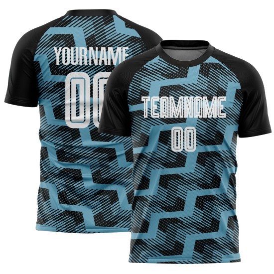 Custom Black White-Shadow Blue Line Sublimation Soccer Uniform Jersey Custom Black White-Shadow Blue Line Sublimation Soccer Uniform Jersey