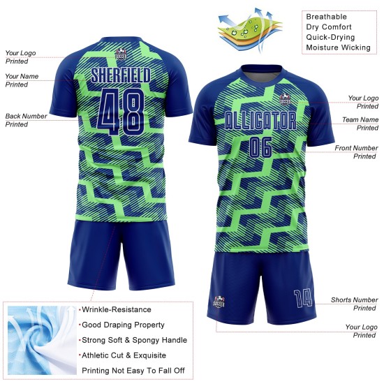 Custom Royal Pea Green-White Line Sublimation Soccer Uniform Jersey Custom Royal Pea Green-White Line Sublimation Soccer Uniform Jersey